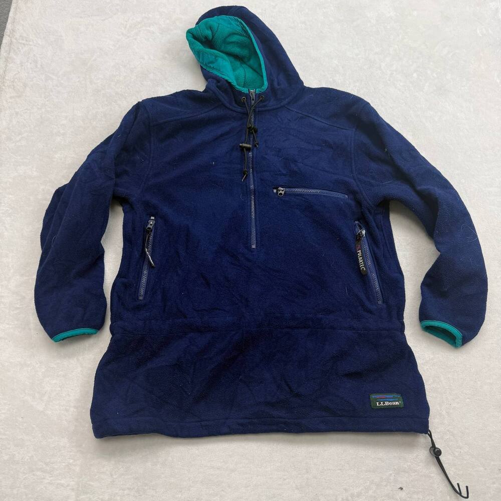 L.L. Bean Polartec Windbloc Men's Navy Blue Pullover Hoodie Size L 90s Fleece
